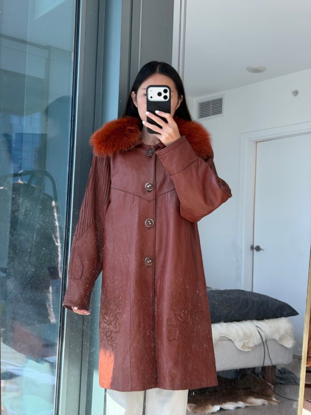Burgundy Italian Leather Coat with Red Fur Collar